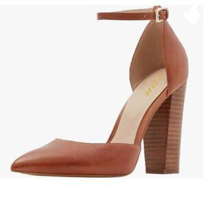 YDN Camel Pointed Toe Ankle Strap Pumps Chunky High Stacked Heels D'orsay Shoes